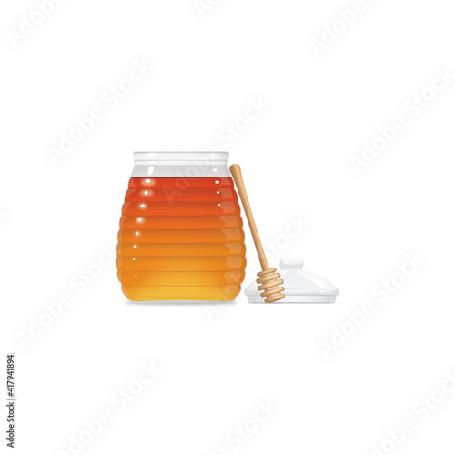Honey jar with dipper and lid off, no label, vector illustration