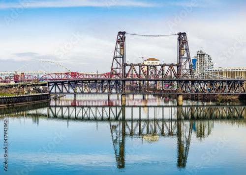 View of the Willamette river, the Steel, Broadway and Fremont bridges in downtown Portland, Oregon.