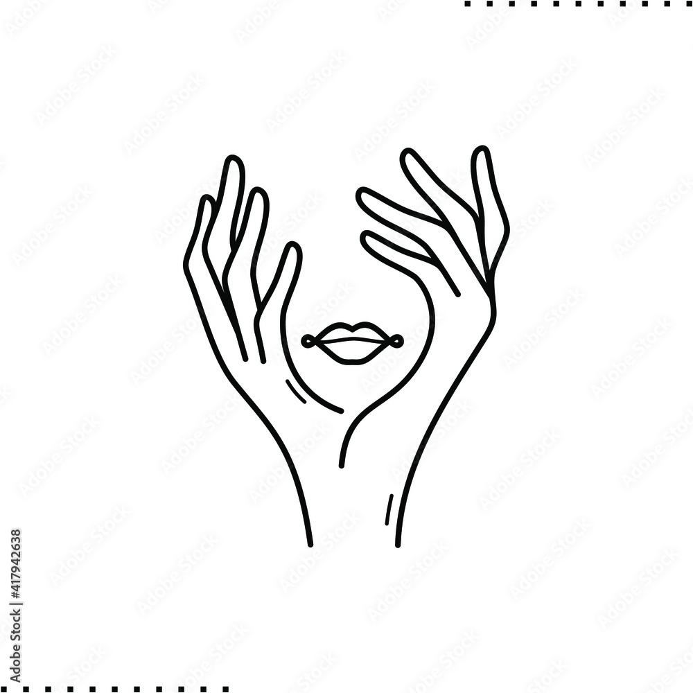 abstract hand and face, beautiful person, confused thoughts vector icon in outlines abstract hand and face, beautiful person, confused thoughts vector icon in outlines