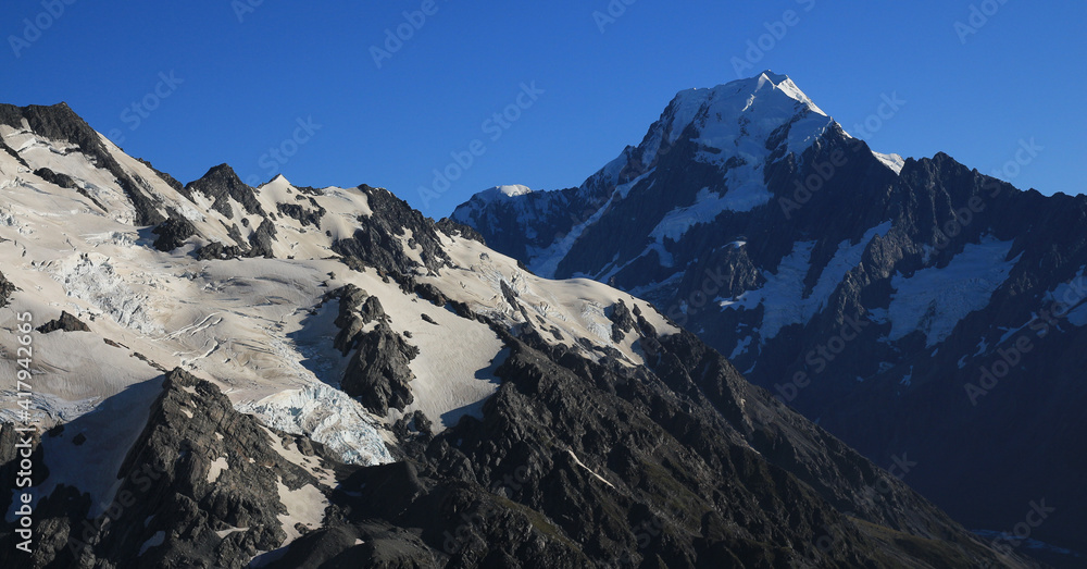 View from a place near Mueller Hut. Glacier and Mount Cook.