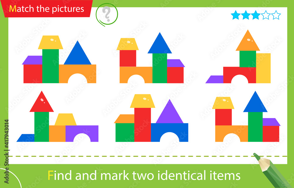 Find and mark two identical sets. Puzzle for kids. Matching game, education game for children. Toy pyramids. Worksheet vector design for preschoolers