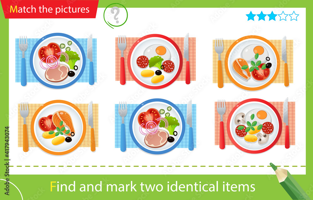 Find and mark two identical items. Puzzle for kids. Matching game, education game for children