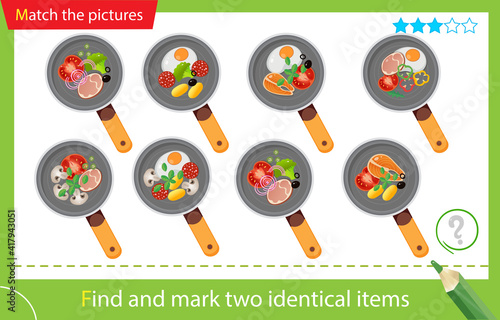 Find and mark two identical items. Puzzle for kids. Matching game, education game for children. Color image of frying pans and products. Food and meals. Dishes and crockery