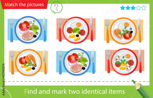 Find and mark two identical items. Puzzle for kids. Matching game, education game for children. Color image of portion lunch or dinner. Food and meals. Dishes and crockery