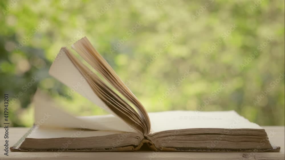 Open ancient book with pages stirring from gusts of strong wind against green defocused foliage. Selective focus on the book Open ancient book with pages stirring from gusts of strong wind against green defocused foliage. Selective focus on the book