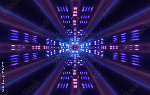 Light futuristic abstract neon tunnel  neon background with rays and lines. Bright center  movement of light. 3D illustration 
