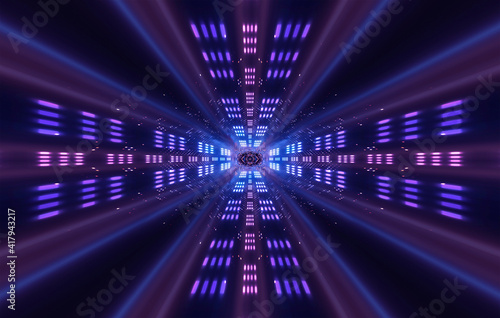 Light futuristic abstract neon tunnel, neon background with rays and lines. Bright center, movement of light. 3D illustration 