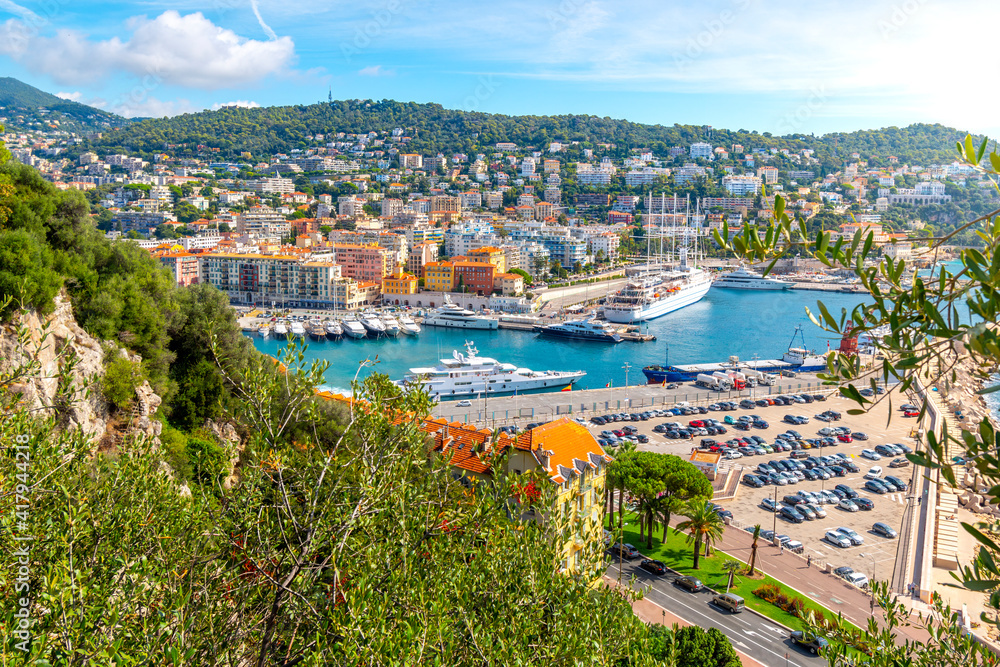 View from Castle Hill overlooking The Mediterranean Sea and the old harbor and port on the French Riviera, in Nice France.