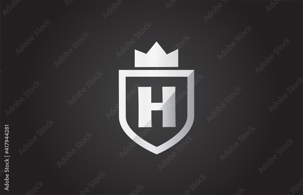 H alphabet letter logo icon in grey and black color. Shield design for company identity with king crown H alphabet letter logo icon in grey and black color. Shield design for company identity with king crown