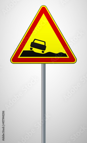warning road sign dangerous roadside. triangular sign on a metal pole. traffic rules and safe driving. vector illustration.