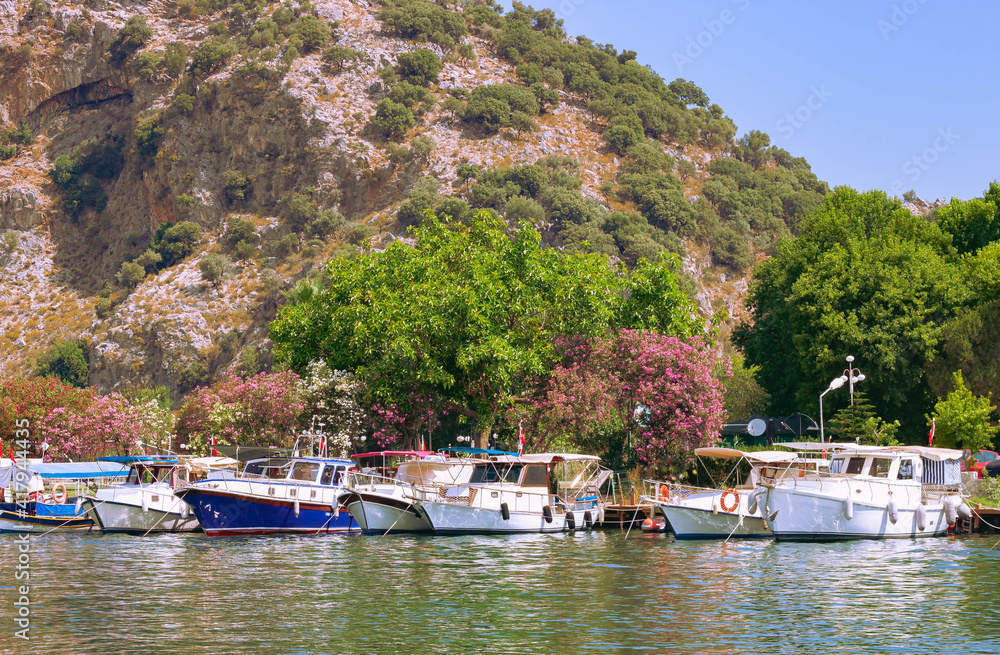 Touristic River Boats moored at the pier of the Dalyan River, Mugla, Turkey.