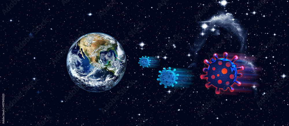 Coronavirus molecules flying to planet Earth from space. Starry sky. Elements of this image furnished by NASA