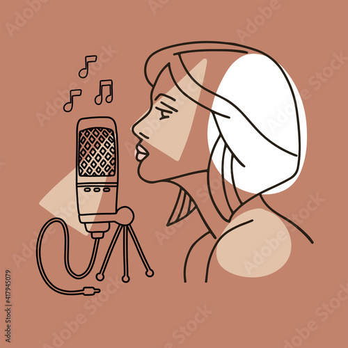 Linear trendy Illustration of a Girl Profile Silhouette singing to a Retro Microphone. Yoand woman Sings a Song. Abstract shapes with lines in pastel colors. Vector image for avatar.