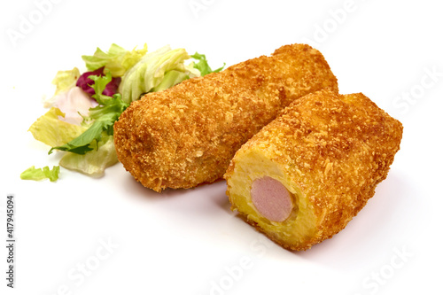 Breaded potato croquettes, isolated on white background. High resolution image