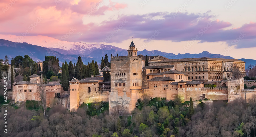 Ancient Alhambra palace in Granada old town, Spain