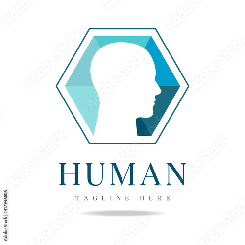 Abstract human profile silhouette head logo blue color on book background.Design template icon for business company.Identity sign education, school, science,improvement,innovation.Vector illustration.