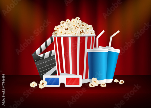Movie time, great design for any purposes. Realistic cinema movie poster template. 3d banner background.