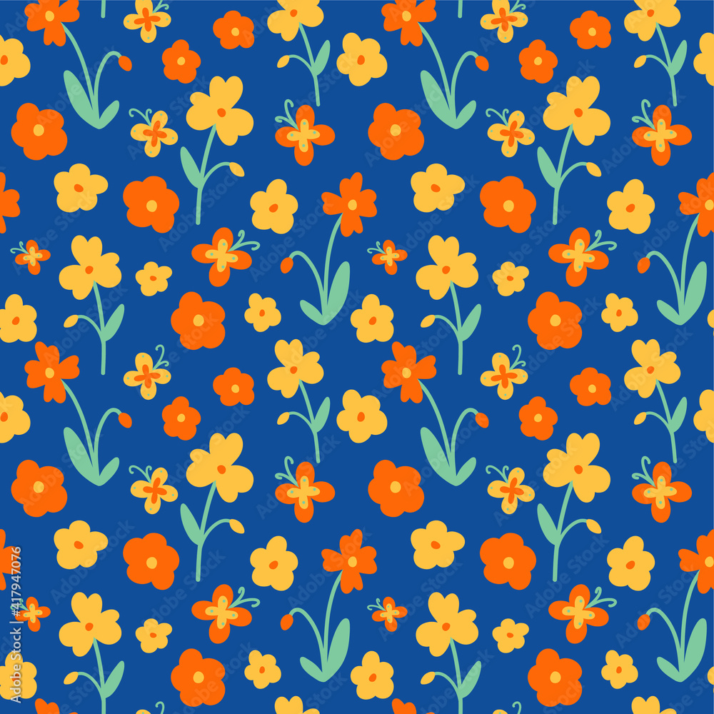 Vector orange and yellow floral pattern in flat style. Flowers and butterflies cute seamless print on blue background for textile, fabric, wallpaper, wrapping, scrapbooking, design and decoration. Vector orange and yellow floral pattern in flat style. Flowers and butterflies cute seamless print on blue background for textile, fabric, wallpaper, wrapping, scrapbooking, design and decoration.
