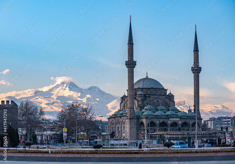 View of the city center in Kayseri and snowy mount Erciyes