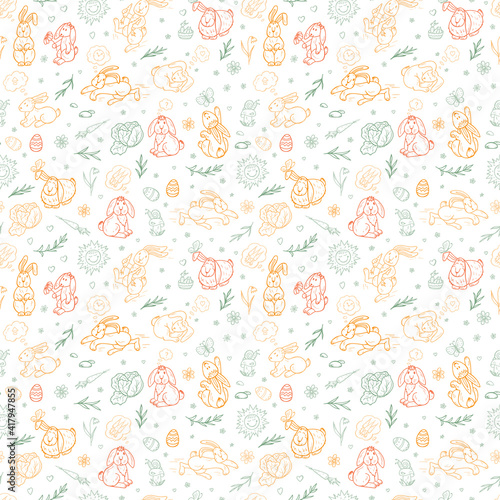 Rabbits Seamless pattern. Hand drawn doodle bunnies - vector illustration. Background for kids