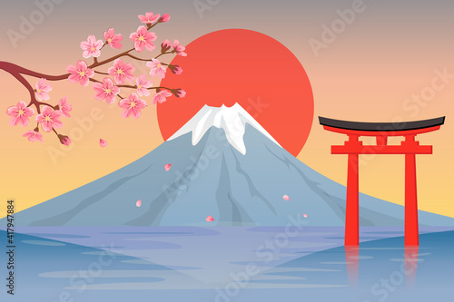 Mount Fuji, cherry blossoms, lake Kawaguchiko. Japan landscape photo