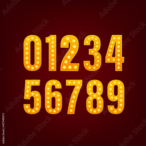 Number light on dark background. Golden metal number. Blue background. Festive vector illustration.