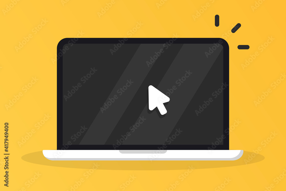 Laptop computer icon. Display with pointer mouse arrow cursor clicking on computer screen. Notebook mock up front view. Online services, web design, e-commerce and marketing, laptop cursor. Laptop computer icon. Display with pointer mouse arrow cursor clicking on computer screen. Notebook mock up front view. Online services, web design, e-commerce and marketing, laptop cursor.