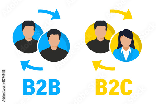 B2B and B2C flat vector icon. Successful business to business sales and business to client marketing. Successful Collaboration and partnership concept. B2B, B2C sales method