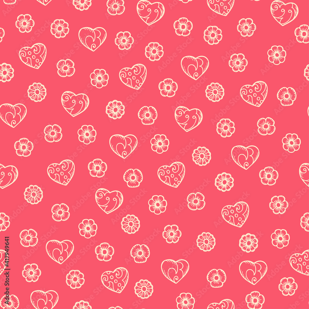 Hand drawn doodle flowers and hearts Seamless pattern. Valentines background. Happy Valentine's Day. Seamless floral pattern
Hand drawn doodle flowers and hearts Seamless pattern. Valentines background. Happy Valentine's Day. Seamless floral pattern