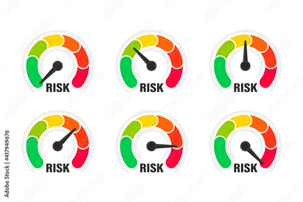 Risk meter. Risk concept on speedometer, vector illustration. Scale low, medium or high risk on speedometer. Set of gauges from low to high. Minimum to Maximum. Min Max. Customer satisfaction meter Risk meter. Risk concept on speedometer, vector illustration. Scale low, medium or high risk on speedometer. Set of gauges from low to high. Minimum to Maximum. Min Max. Customer satisfaction meter