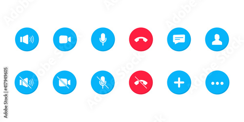 Set of Video call icons. Video conference. Collections buttons of on-line video chat app, internet talk, call technology. Web app ui display template. Videoconferencing and online meeting workspace