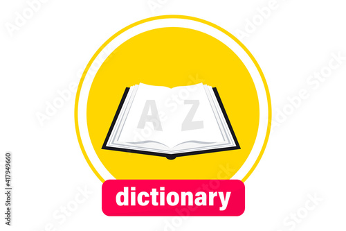 Open dictionary book icon. Flat vector illustration. Dictionary of english language icon. Translate vocabulary symbol. Education. Reading, education, e-book, literature, encyclopedia