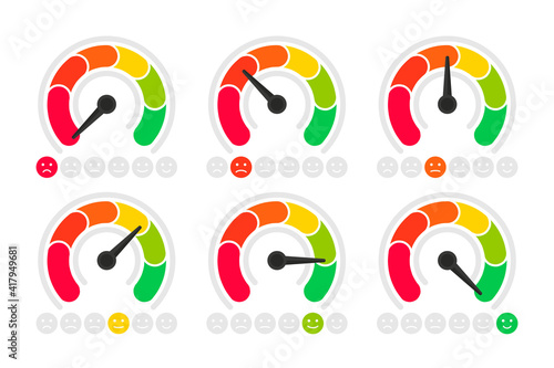 Set of emotions scales, Feedback concept. Rating meter, smiley like and dislike icons. Customer service satisfaction score. The measuring device with Different emotions from red to green