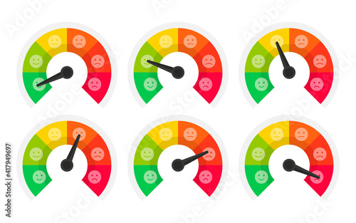 Set of emotions scales, Feedback concept. Rating meter, smiley like and dislike icons. Customer service satisfaction score. The measuring device with Different emotions from red to green