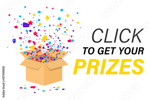 Open Gift Box with confetti explosion inside. Christmas Background. Enter to Win Prizes with gift box. Click to get your prizes. Confetti Flying from gift box. Giveaway for promo in social network