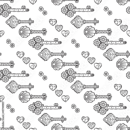 Door key. Hand drawn doodle keys - Vector Vintage Seamless pattern. Black and white
