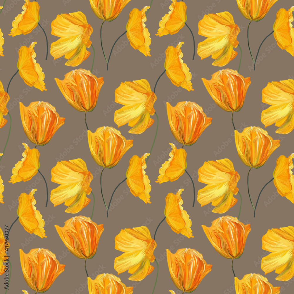 Hand-drawn gouache floral seamless pattern with the yellow poppy flowers on  brown  background, Natural repeated print for textile, wallpaper.