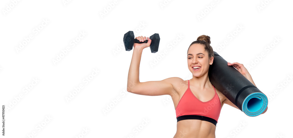 Fitness young woman working out with dumbbell isolated on white background. Online workout concept Fitness young woman working out with dumbbell isolated on white background. Online workout concept