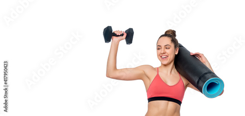 Fitness young woman working out with dumbbell isolated on white background. Online workout concept