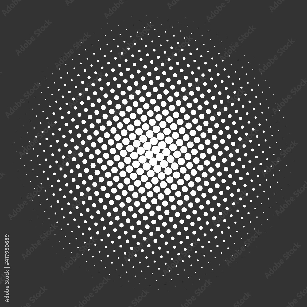 Black and white halftone radial pattern. Abstract dotty vector background.