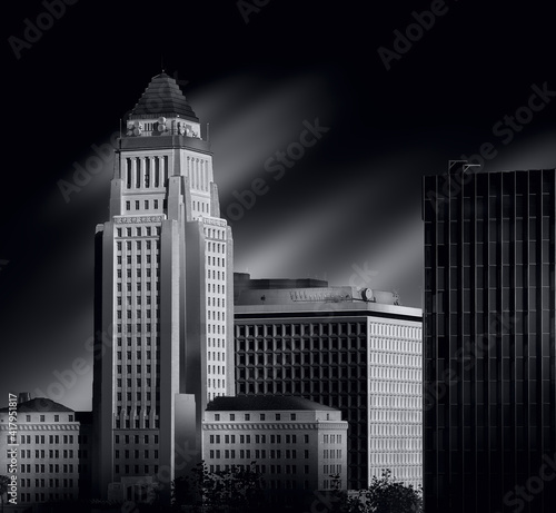 Black and white photography, fine art style. City of Los Angeles, California, USA, City Hall and modern skyscrapers in aerial view 
