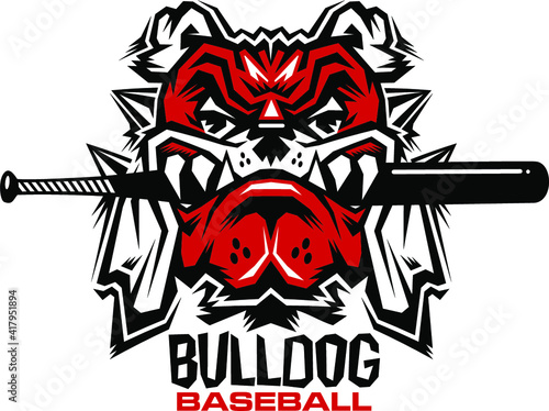 bulldog baseball team design with mascot holding a bat in it's mouth for school, college or league