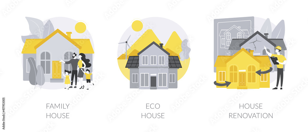 Private property and construction service abstract concept vector illustration set. Family home, eco house listing, single-family detached house renovation, environmentally friendly abstract metaphor.