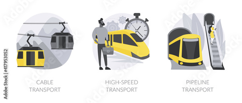 Transport modes abstract concept vector illustration set. Cable transport, high-speed and pipeline transport, trolleybus carrying tourists, ski slopes, railway station platform abstract metaphor.
