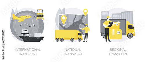 Global logistics abstract concept vector illustration set. International transport, national and regional transport, air cargo, container sheep, car driver, ticket office abstract metaphor. photo
