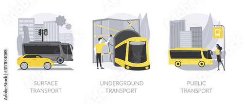Public transport system abstract concept vector illustration set. Surface transport, underground public urban transportation, buy ticket, subway train station, bus stop, passenger abstract metaphor.