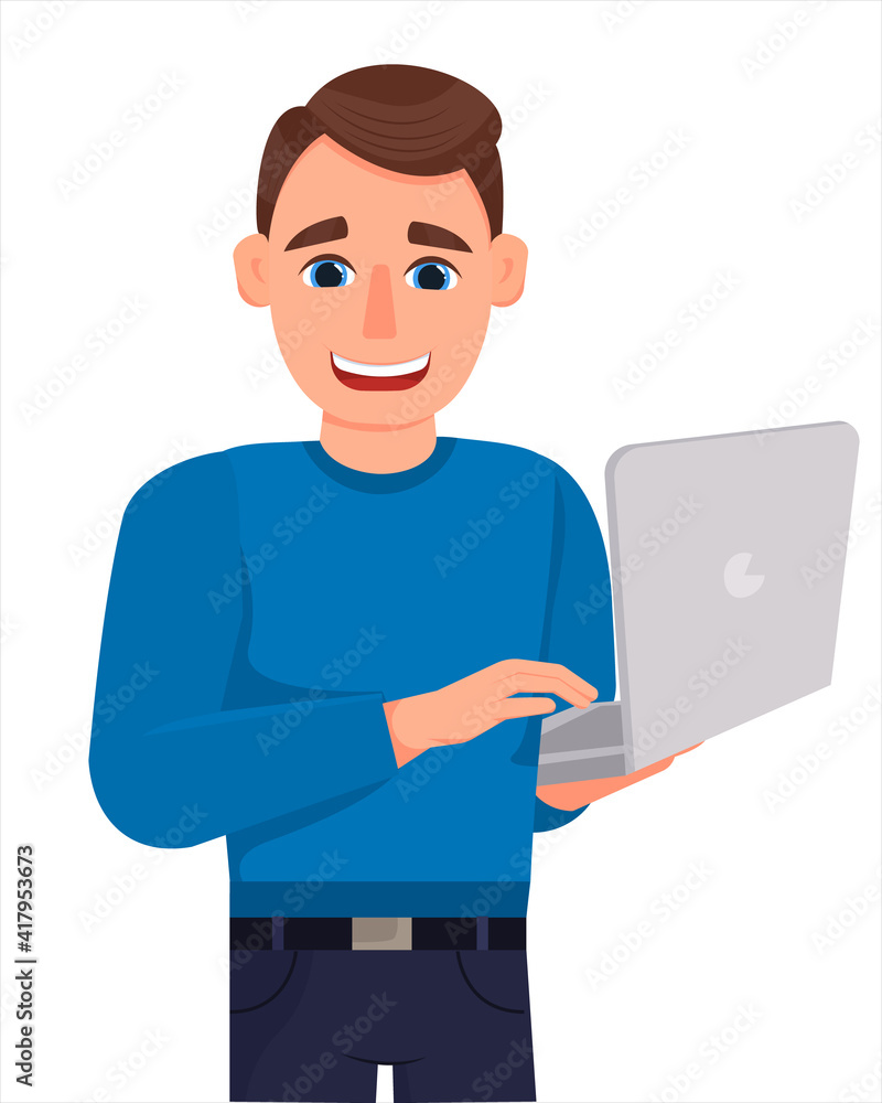 A cute man holds a laptop in his hands. Man working at laptop isolated on white background