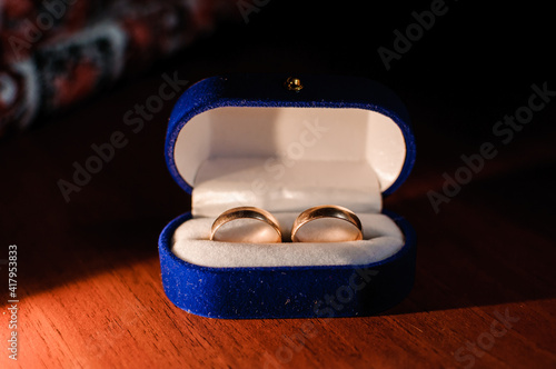 Pair of wedding rings in a blue box © Galka3250