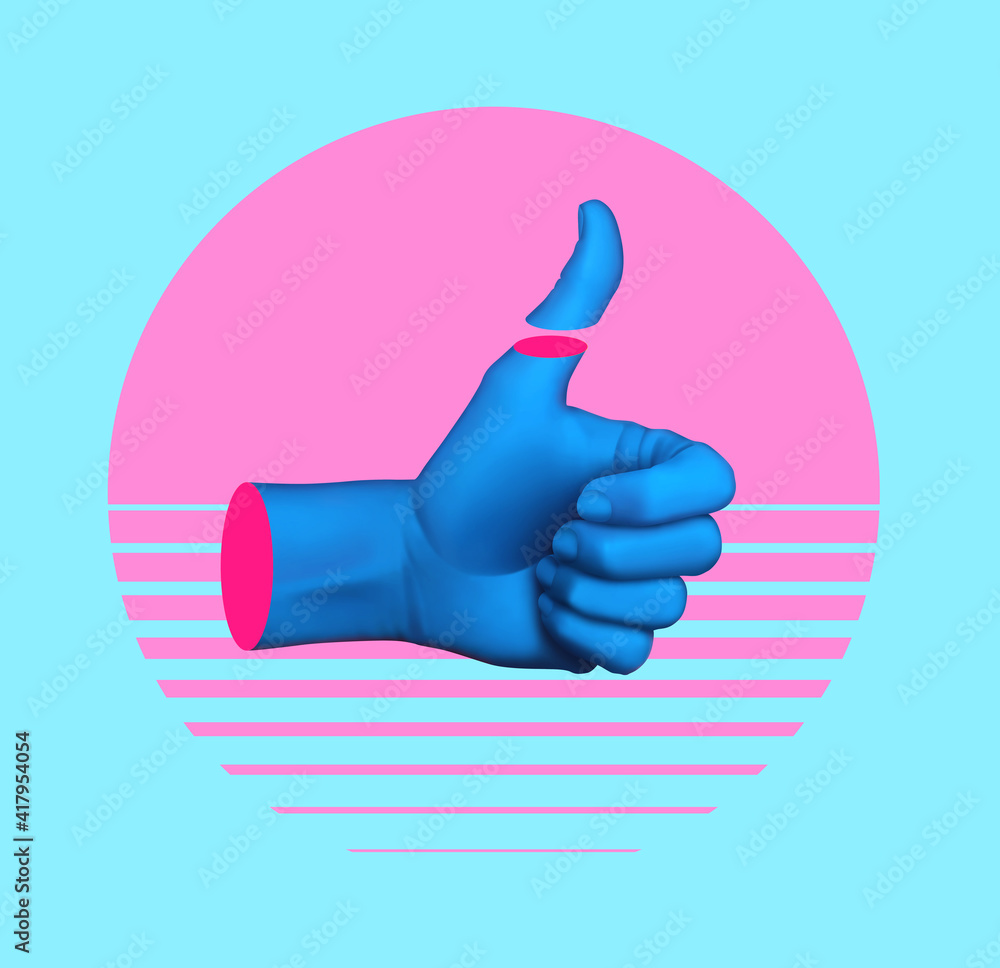 Naklejka Contemporary art collage with hand showing thumb up. Minimal art, 3d illustration.