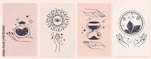 Set of alchemy esoteric mystical magic with woman hands. Esoteric linear prints with astrological symbols, crystals, sun, hourglass, potion, evil eye, occult hand. For tattoo boho, witchcraft esoteric